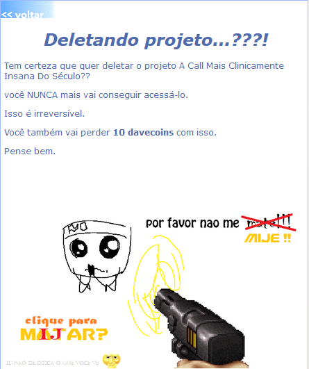 Página de deletar projetos agora com a quantia de davecoins perdidas