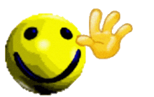 uma bola amarela sorridente com uma mão acenando